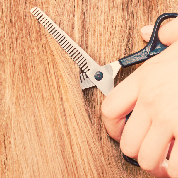 Close up detail. Special scissors cutting hair. - Foto, Bild