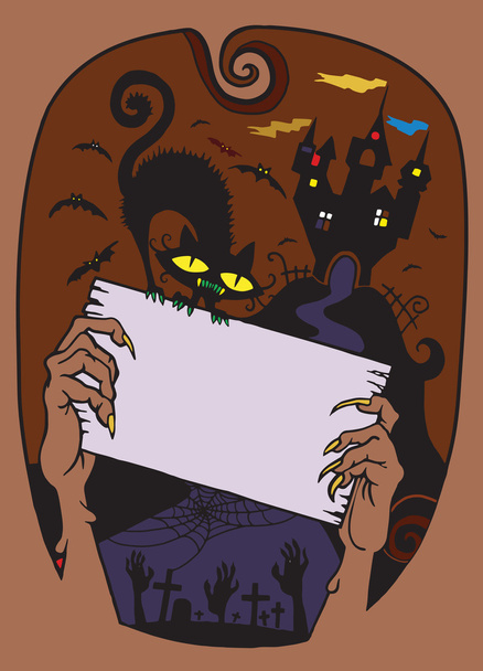 Happy Halloween Poster, Dead Man 's hand with blank wooden sign
  - Вектор,изображение