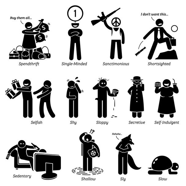 Negative Personalities Character Traits. Stick Figures Man Icons. Starting with the Alphabet S. - Vector, Image