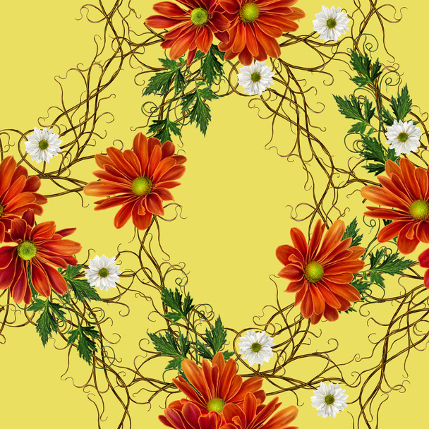 Pattern, seamless. Old style. Weaving from twigs. Autumn flowers. Orange and white chrysanthemums. Floral background.  - Photo, Image