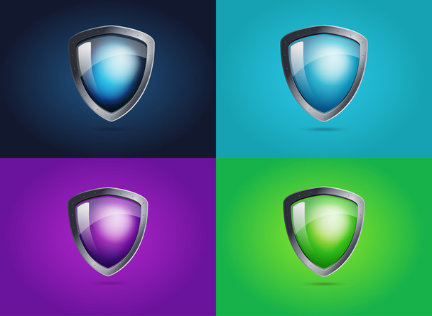 Realistic metal shield with transparent armored glass. Vector illustration of a protection or security. Colored backgrounds. - Vettoriali, immagini