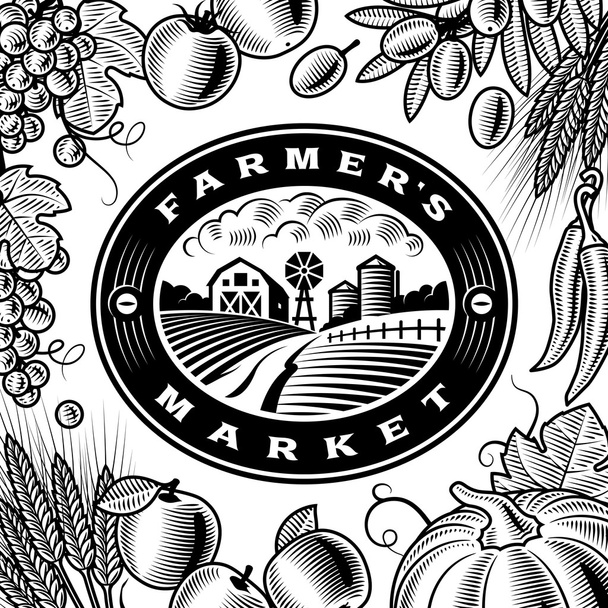 Vintage rolników na rynku etykiet czarno-białe - Wektor, obraz