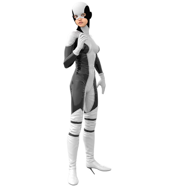 uma menina magro em super terno super herói preto e branco
 - Foto, Imagem