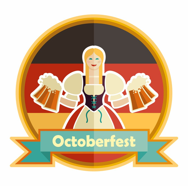 Mooie Beierse meisje met bier. Oktoberfest label - Vector, afbeelding