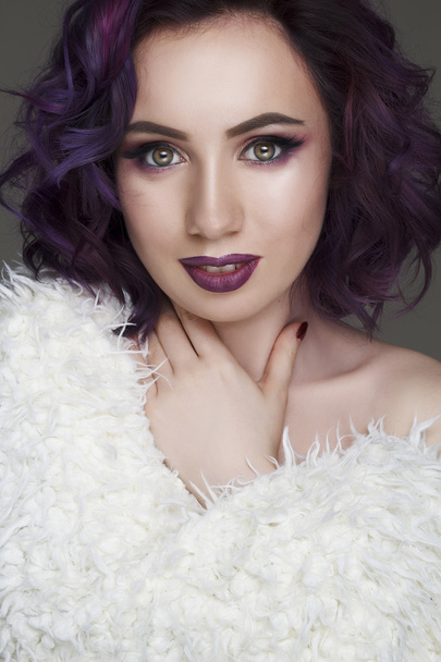 Portrait of beautiful fashion model with violet hair - Photo, Image