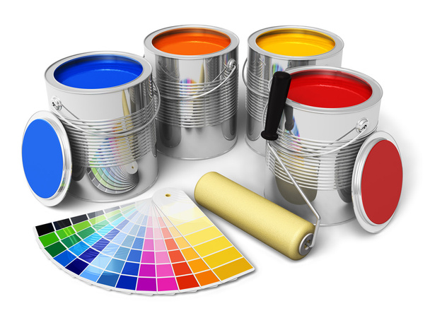 Cans with color paint, roller brush and color guide - Fotografie, Obrázek