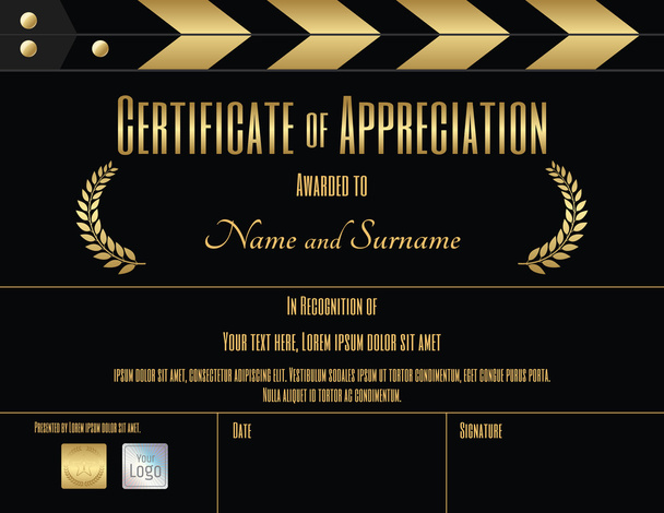 Certificate of appreciation template in black and gold with movie and slate film theme - Vector, Image
