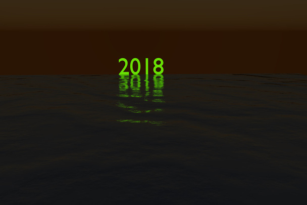 Glowing 2018 on the sea during night rendered illustration - Photo, Image