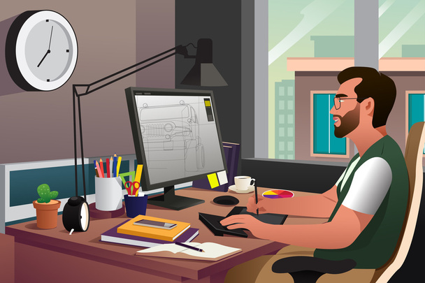 Illustrator Working in Front of Computer - Vector, Image