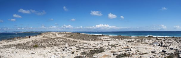 Formentera, Balearen, Spanje: het strand van Ses Orense aan de linkerkant en het strand van Llevant aan de rechterkant, de twee beroemde stranden aan de westelijke en oostelijke kant van Trucador schiereiland gedeeld door een landengte van zand - Foto, afbeelding