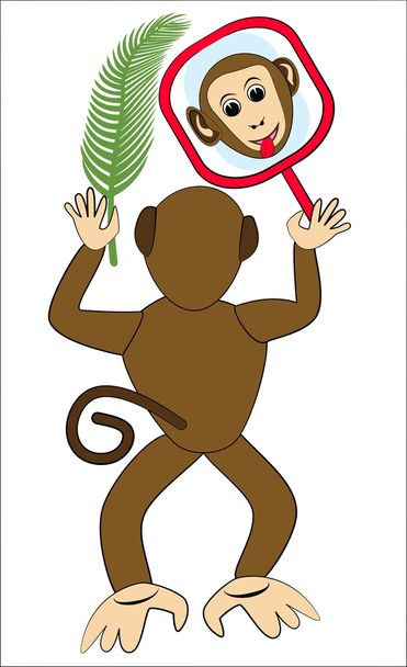 Affe tobt mit Spiegel. Affengesicht im Spiegel. Affe mit einem Palmblatt. Affe von hinten. Lustige Affenillustration. Affenkinder. Vektoraffe isoliert. - Vektor, Bild
