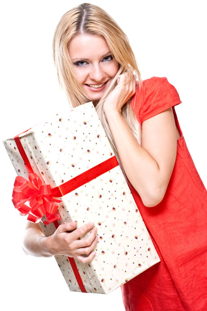Beautiful woman with holiday gift - Фото, зображення