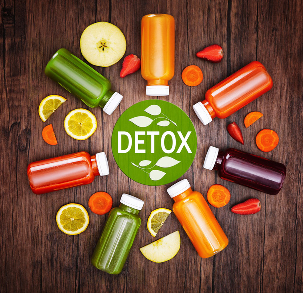 Bottles with delicious detox drinks  - Foto, afbeelding