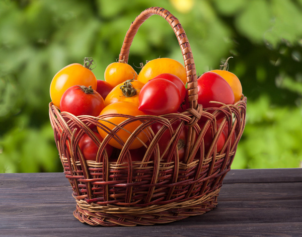 tomates vermelhos e amarelos em uma cesta de vime na mesa de madeira com fundo verde desfocado
 - Foto, Imagem
