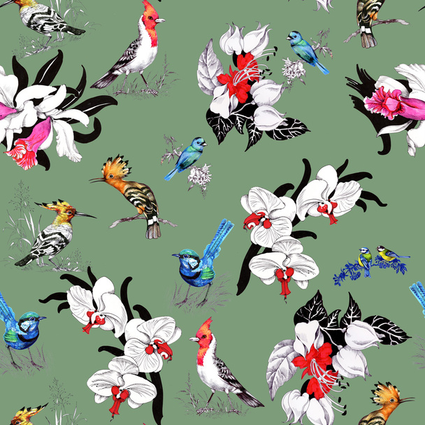 Pattern with summer flowers and exotic birds - Foto, immagini