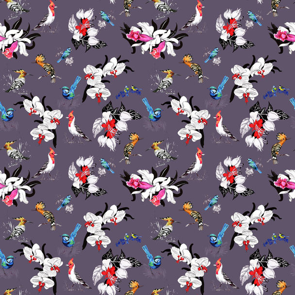 Pattern with summer flowers and exotic birds - Foto, afbeelding