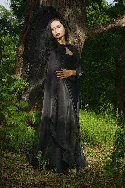 Kaunis brunette nainen musta mekko ja musta viitta
 - Valokuva, kuva