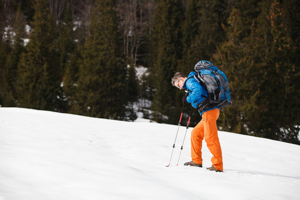 excursionista en las montañas de invierno - Foto, Imagen