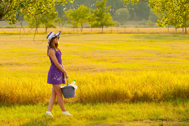 Menina adolescente bonito indo no piquenique no dia ensolarado de verão
 - Foto, Imagem