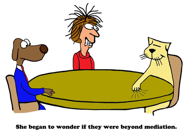 Caricatura empresarial sobre estar más allá de la mediación
 - Foto, imagen