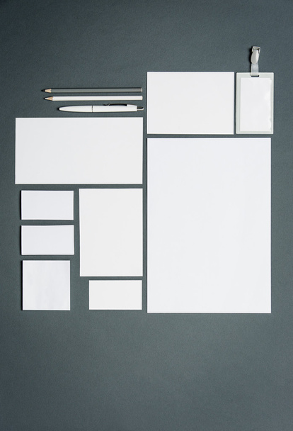 Mock-up business template with cards, papers, pen. Gray background. - Фото, зображення