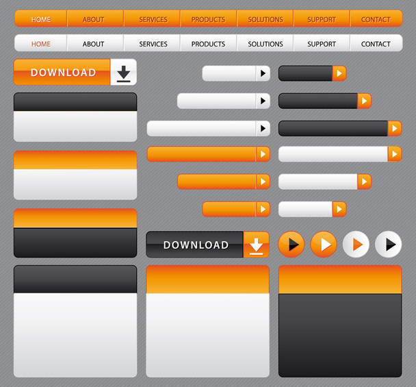 Website buttons, boxes and navigation bar. Orange and grey set. - Vektor, Bild