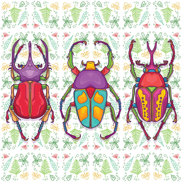Set of 3 Colorful Beetle Bugs, Insect on Endless Leaf Background - Vector, Image