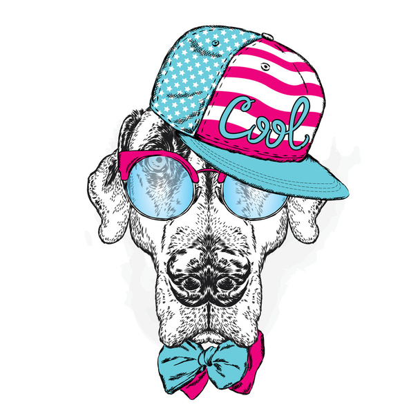 Pointer. Beautiful dog wearing a cap, sunglasses and tie. Vector illustration. - Вектор, зображення