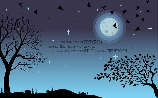 Небо ілюстрація на тему Хеллоуїна. Птах, дерево, місяць і камінь силует на кладовищі в ніч атмосферою. Побажання щасливого Хеллоуїна. Відкупись, або зачарую. Векторна ілюстрація - Вектор, зображення