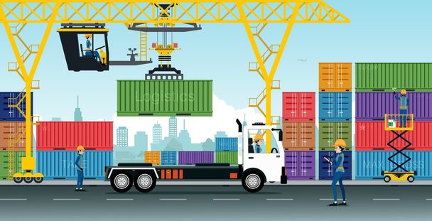Kontejner jeřáby mají dodávky nákladních automobilů - Vektor, obrázek