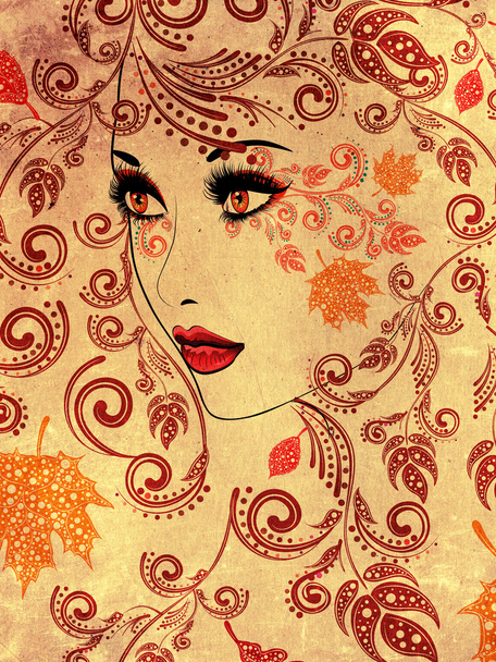 Autumn Girl with Floral Grunge - Zdjęcie, obraz