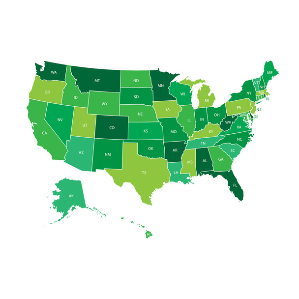 高詳細なアメリカ マップの連邦国家。緑の色のベクトル図アメリカ合衆国. - ベクター画像