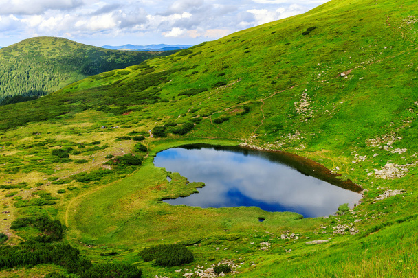 Paysage montagneux des Carpates, vue de la hauteur, Lac de Nesamovyte sous la colline
. - Photo, image