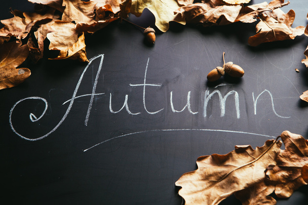 yellow leaves and the inscription autumn on a blackboard - Fotoğraf, Görsel