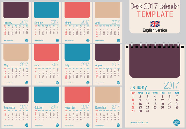 Useful desk calendar 2017 template in pastel colors, ready for printing on laser or offset. Size: 150mm x 210mm. Format A5 vertical. English version - Vector, Image