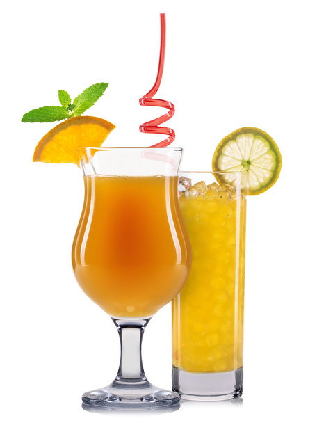 Set of orange cocktails with decoration from fruits and colorful straw isolated on white background - Foto, afbeelding