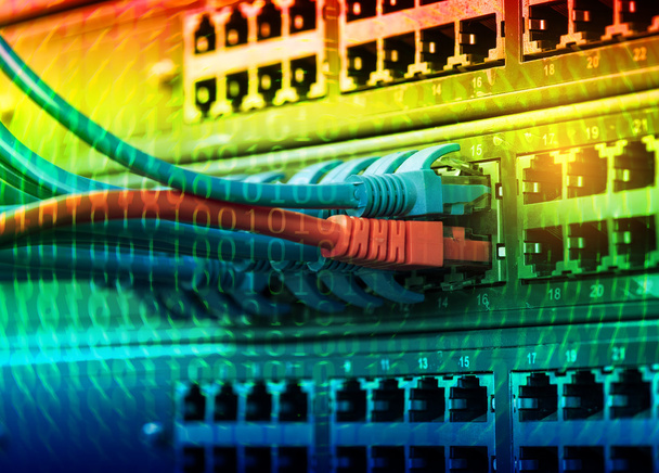Сетевой коммутатор и кабели передачи данных Ethernet, Центр обработки данных. - Фото, изображение