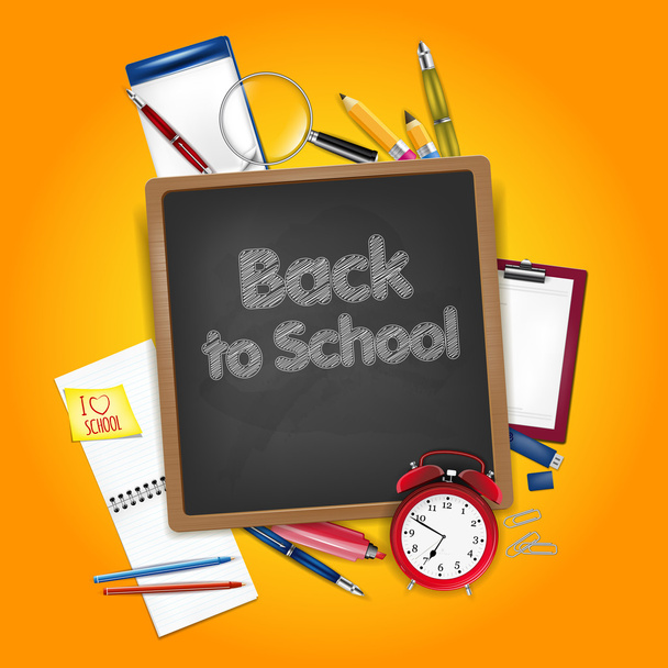 Back to school concept - school accessories and chalkboard - Vektor, Bild