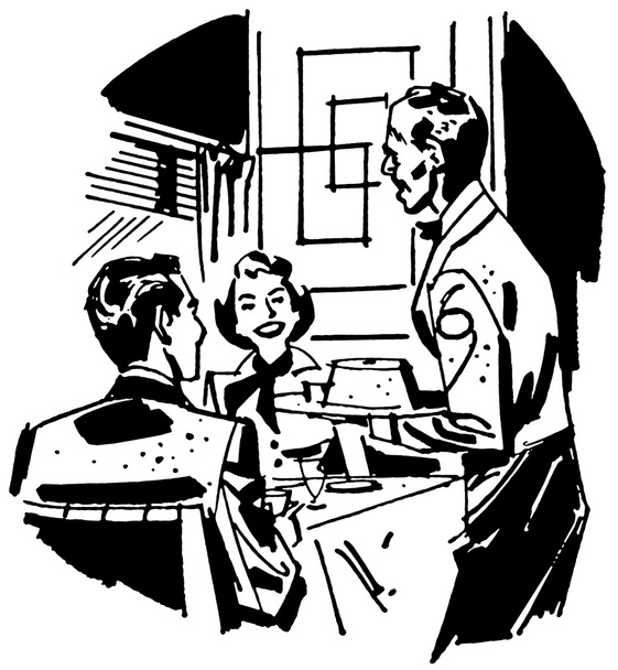 A black and white version of a vintage illustration of a couple dining at a restaurant - Photo, Image