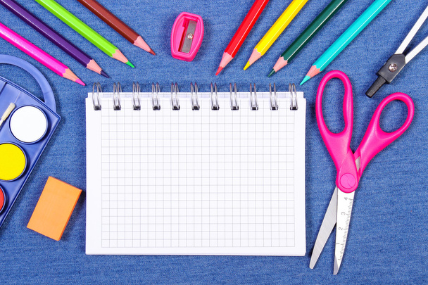 School and office supplies on jeans background, back to school concept, copy space for text - Zdjęcie, obraz