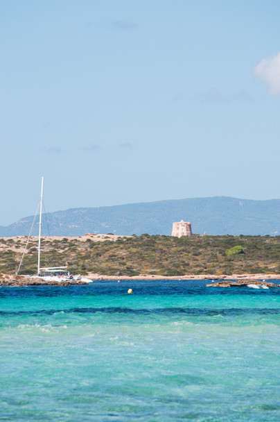 Formentera, Îles Baléares, Espagne : vue sur Espalmador, une petite île à 150 mètres de Formentera, et Sa Guardiola Tower, une tour de guet debout sur son point culminant
 - Photo, image