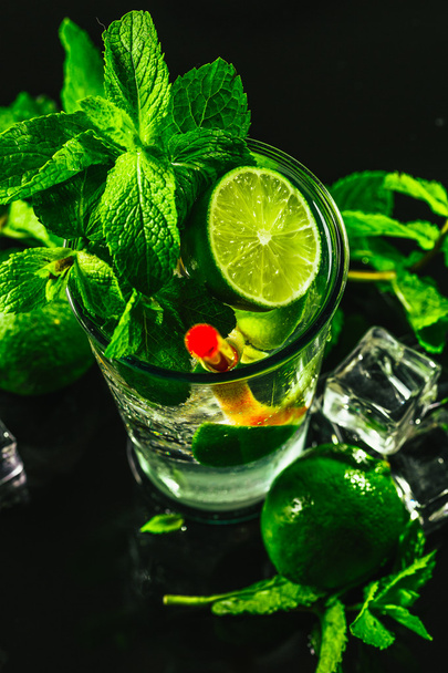 glass of mojito with lime and mint ice cube close-up red straw - Foto, imagen