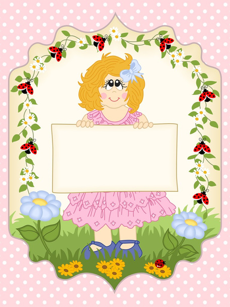 Postcard with a cute girl holding a blank banner label for message - Vector, imagen