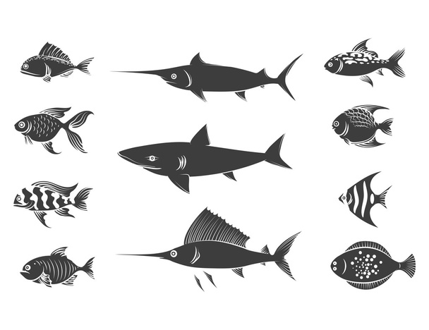 Grey fish silhouettes set - Vektör, Görsel