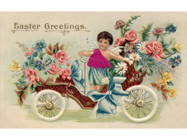 Une carte postale de Pâques vintage avec un chérubin chevauchant une voiture antique pleine de fleurs
 - Photo, image