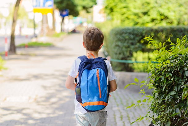 Little 7 years schoolboy going to school. - Foto, imagen