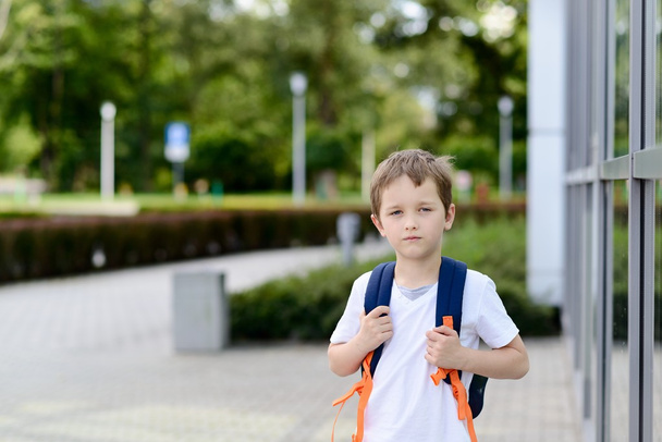 Little 7 years schoolboy going to school. - Fotografie, Obrázek