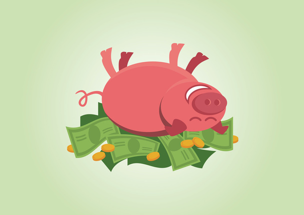 Cheerful piggy lying in money - Vector, Image