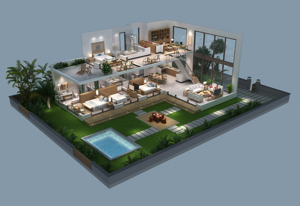 3D-Illustration der isometrischen Ansicht einer Villa - Foto, Bild