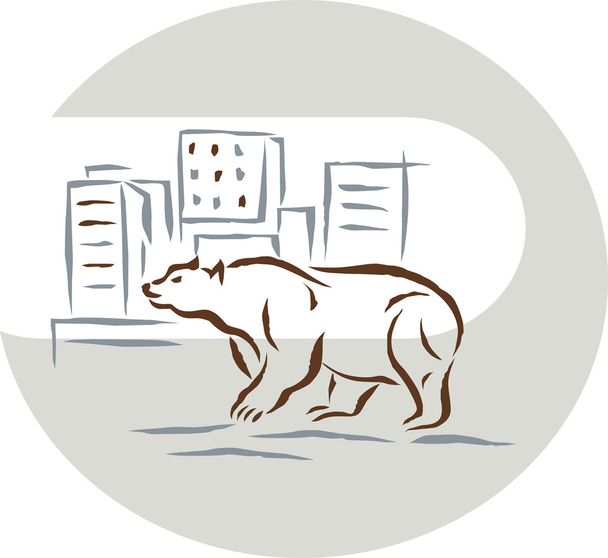 Белый медведь, стоящий напротив городского горизонта
 - Фото, изображение